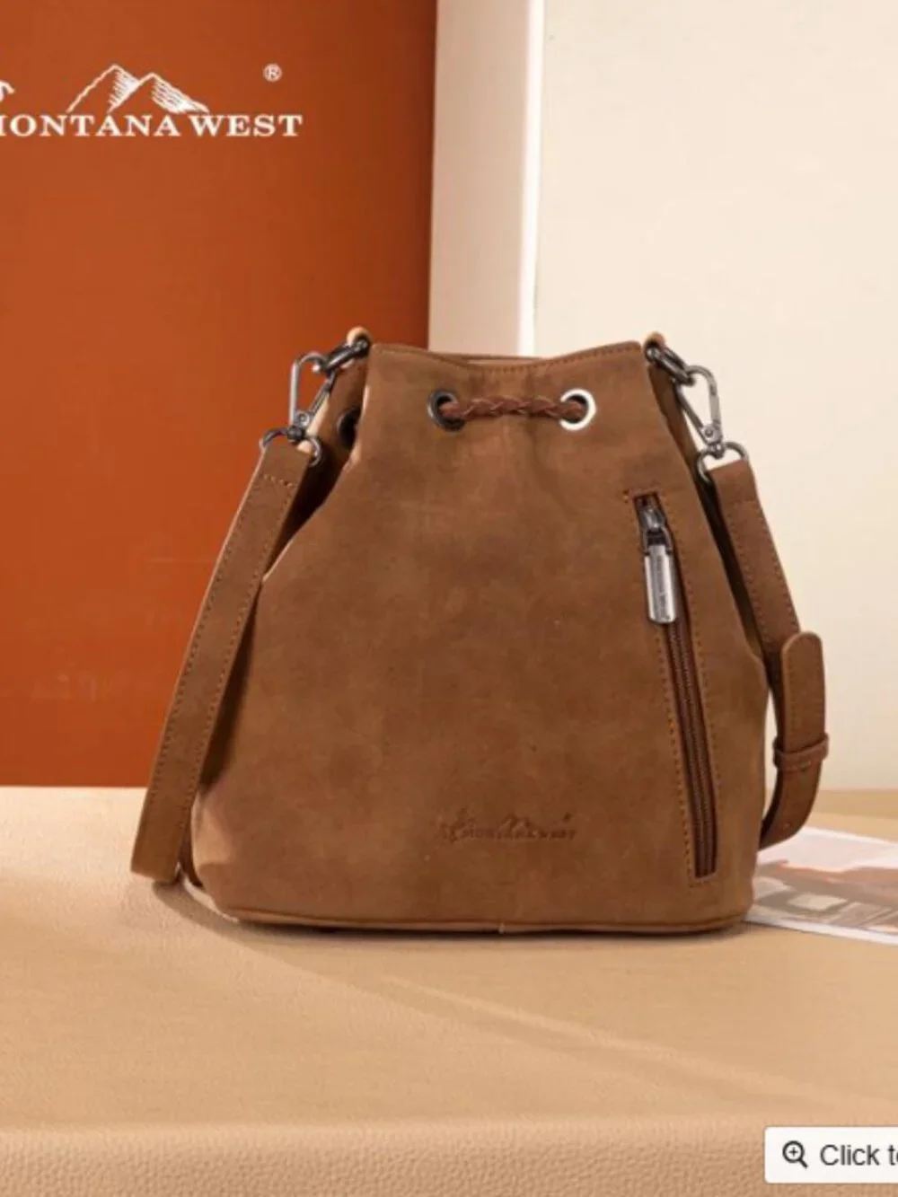 Montana West Cowhide Fringe Drawstring Bucket Bag-Brown NWT